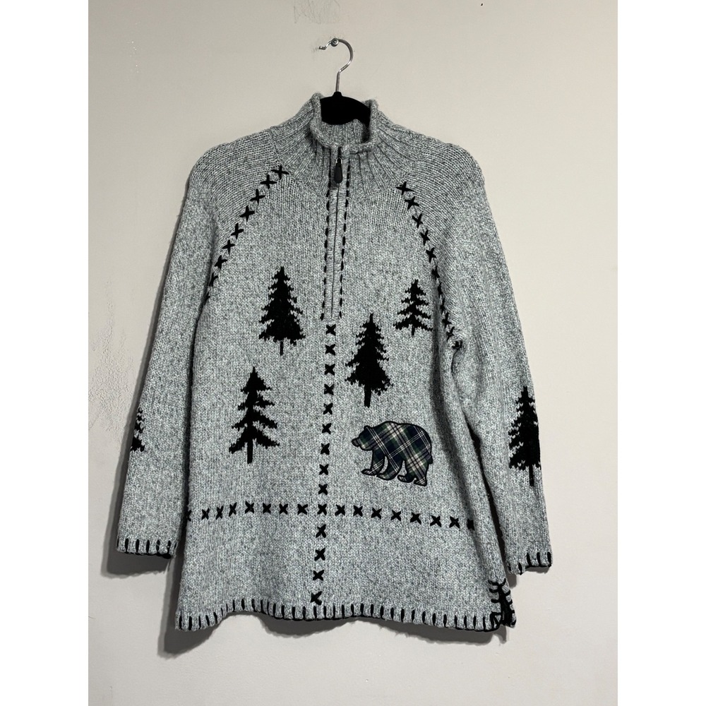 Coldwater Creek Gray Plaid Bear Pine Tree Quarter Zip Sweater Womens Medium